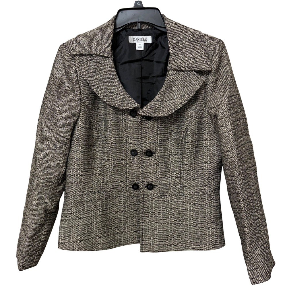 Danillo Womens Black Tan Textured Tweed Double Breasted Blazer Jacket Size 12